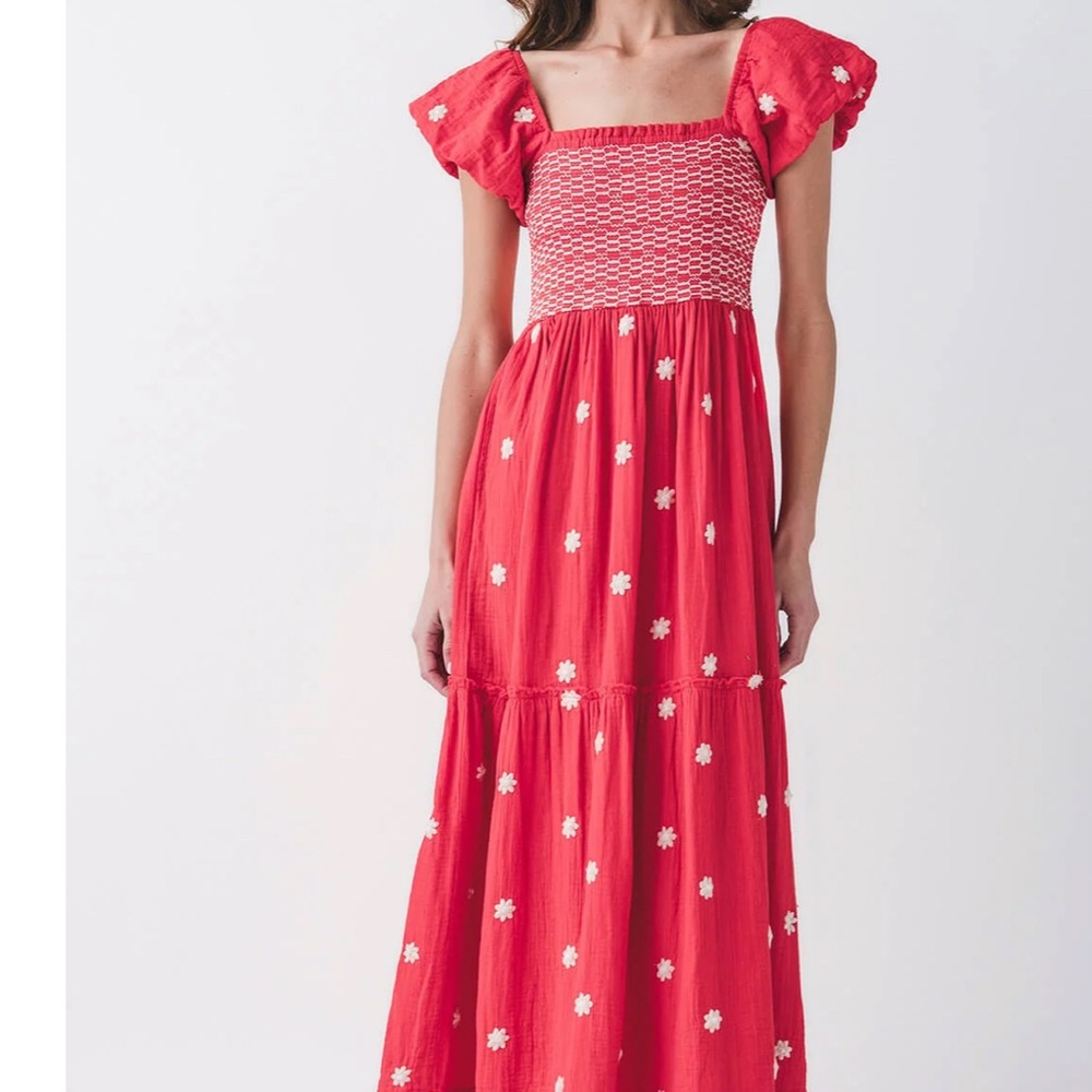 Red Floral Smocked Maxi Dress
